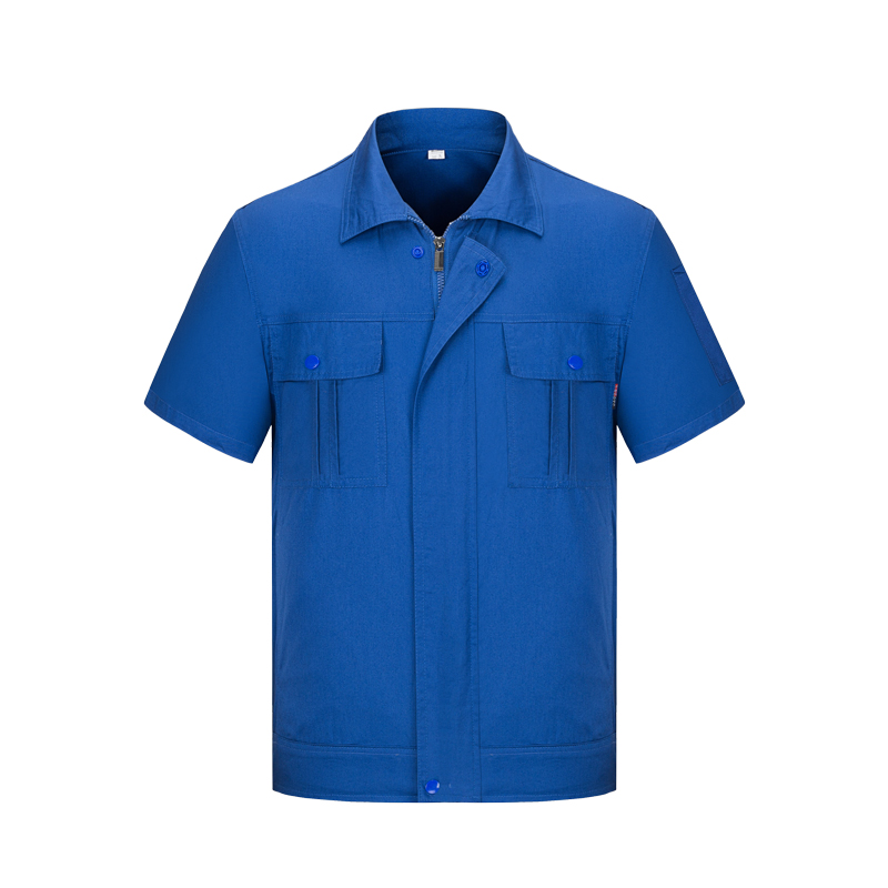 夏季车间短袖工服定制款式图-蓝色工作服
